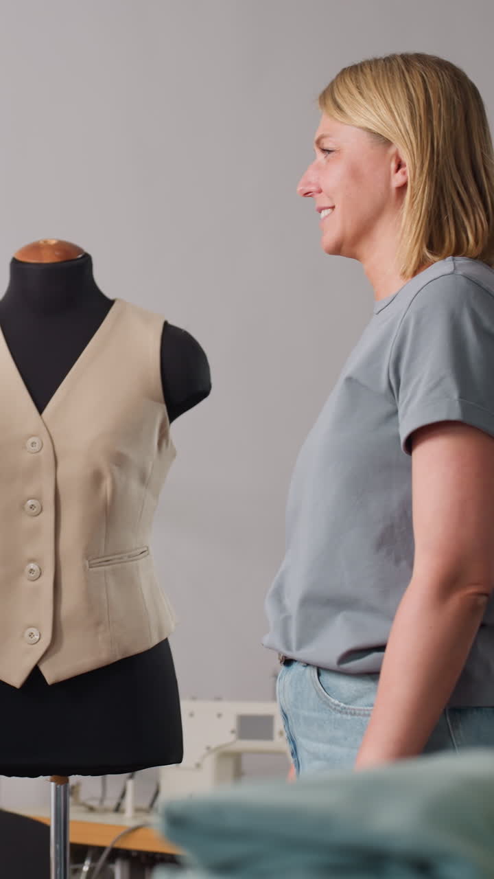 흰색 패턴 생성기가 품질 및 솔기 정확도를 위해 마네킹의 베이지색 조끼를 검사하고, 재봉틀 근처에서 치수를 측정하며 조정을 기록하고, 세심한 장인 정신으로 스튜디오 분위기에 집중하고 있어요.