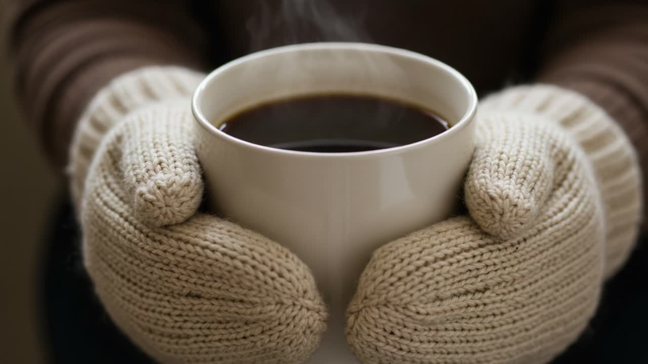 Hands in mittens holding a steaming mug of coffee or tea