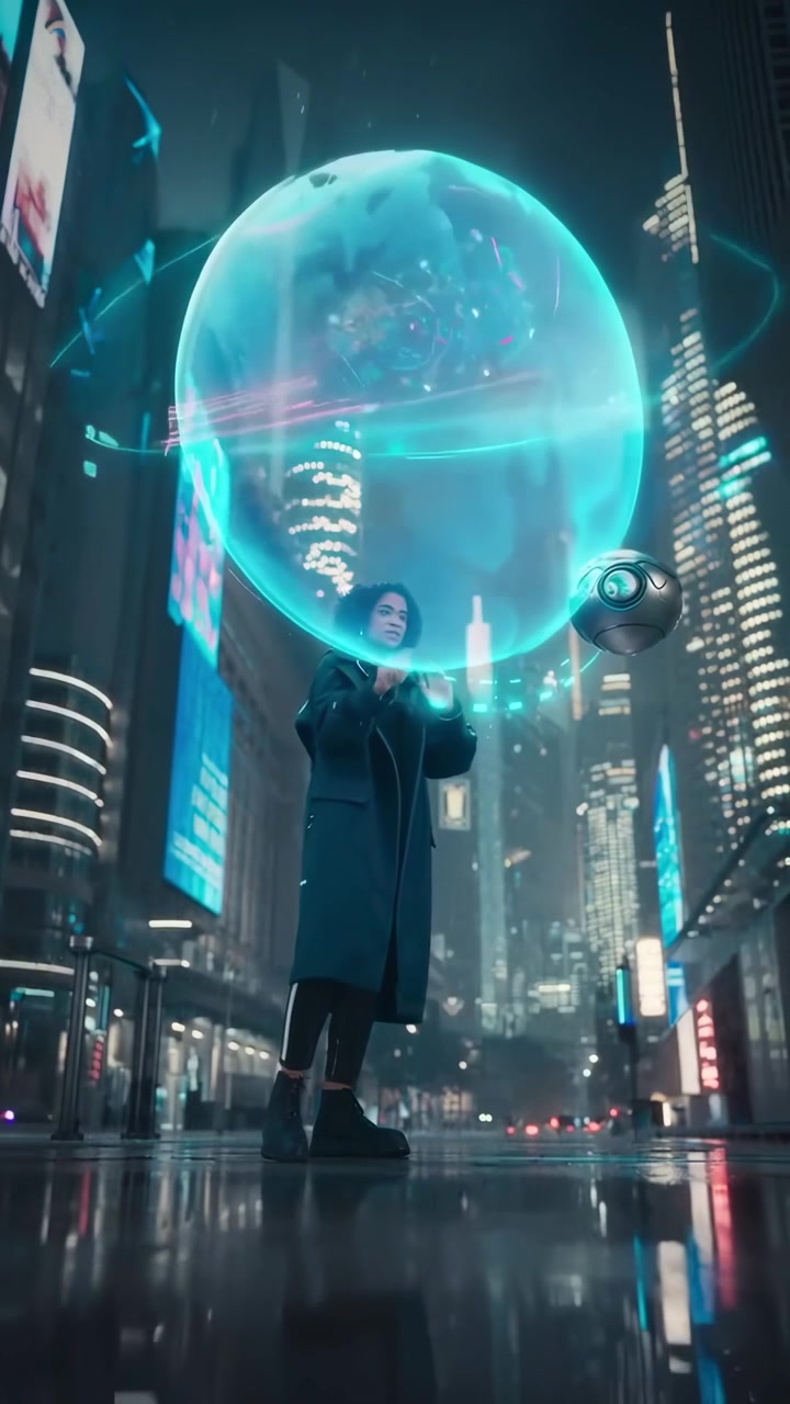Young Woman Interacting with Holographic Interface in Futuristic City at Night