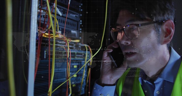 Tech taking phone call, leaning into rack, checking network cables, dotted world-map guiding fix