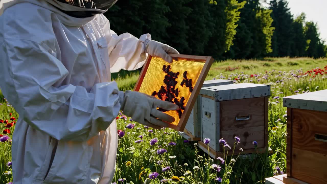 Video grandangolare di un apicoltore in un prato pieno di fiori, che cattura un video sereno e incentrato sulla natura
