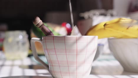 la mano de la persona sumerge la bolsa de té en el agua caliente de la taza