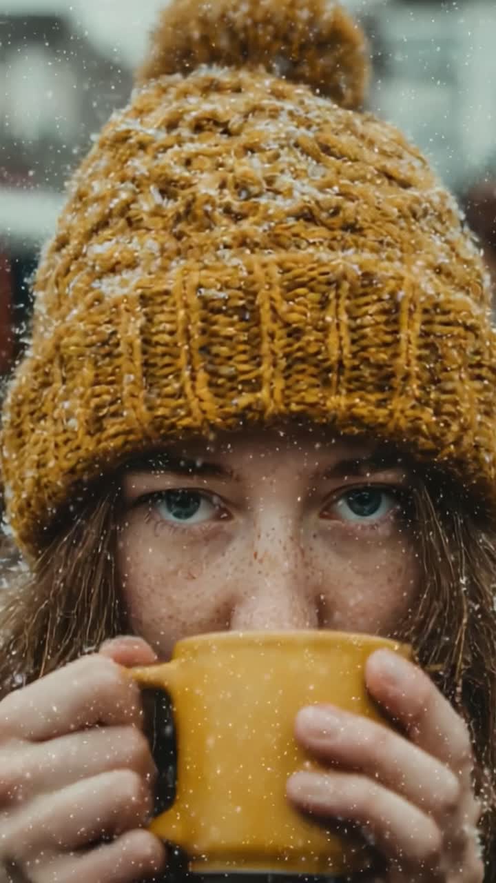Momenti accoglienti: una giovane donna si gusta una bevanda calda in un ambiente innevato, catturando l'essenza dell'inverno con un sorriso affascinante e una messa a fuoco morbida