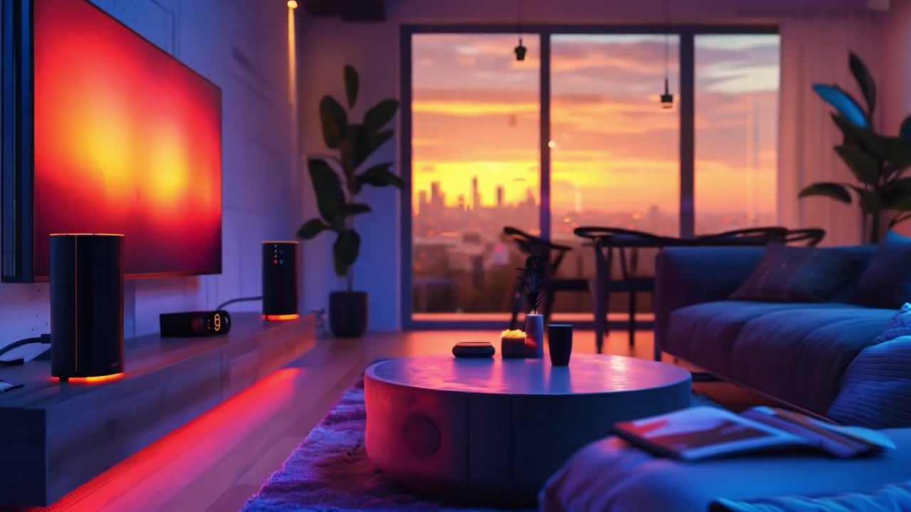 Modern Living Room with City View and Sunset
