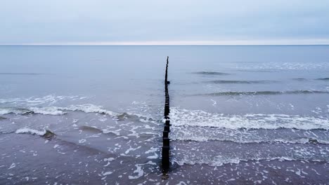 Beautiful-aerial-view-of-an-old-wooden-pier-at-the-Baltic-sea-coastline,-overcast-day,-white-sand-beach-affected-by-sea-coastal-erosion,-calm-seashore,-wide-angle-drone-shot-moving-forward