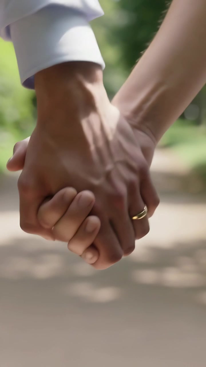 Vertical video: Holding interlaced hands, couple walking tree path, showing gold band and blue cuff