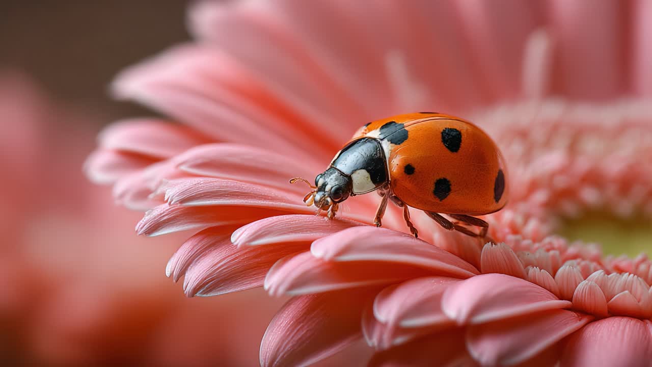 A Close-Up Exploration of a Ladybug Resting on a Pink Gerbera Daisy, Showcasing the Intricate Details of Nature's Beauty and Its Vivid Colors
