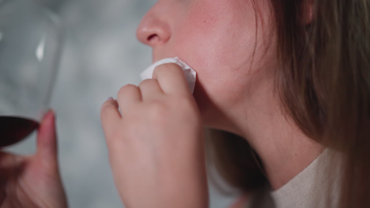 Close up of white woman gently wiping mouth with napkin while holding glass of red wine during meal showing relaxed casual atmosphere focus on mouth hands and soft background