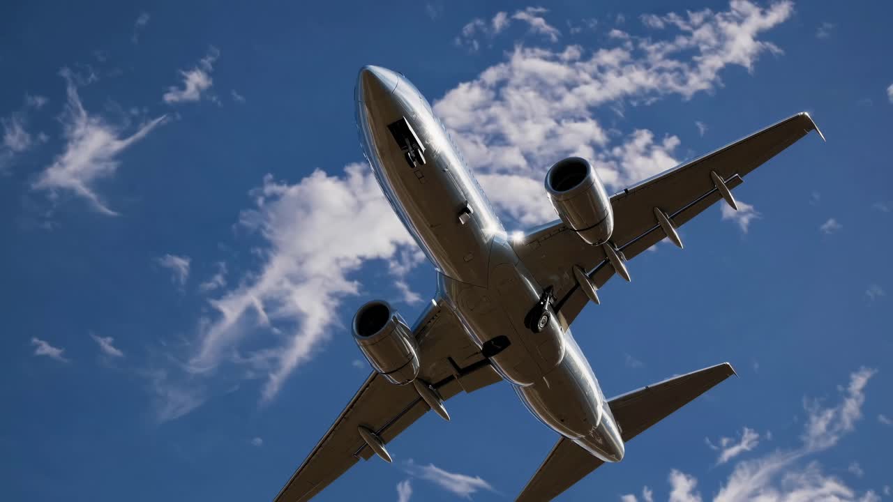 Ripresa dal basso di un aereo che si libra contro un cielo blu con nuvole sottili, catturando un'immagine dinamica