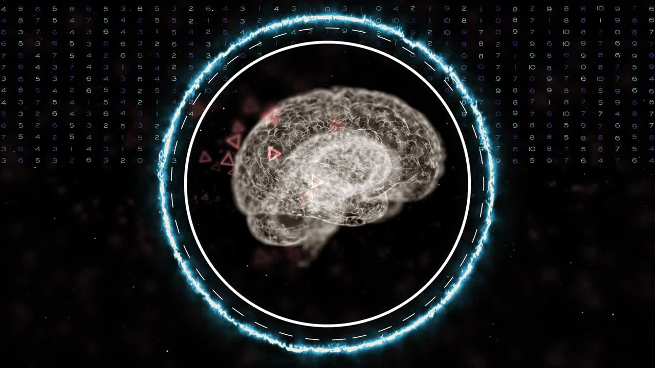 inteligencia artificial y concepto de aprendizaje profundo. holograma digital del cerebro en círculo de relámpagos girando sobre el espacio oscuro con números cortina bajando.