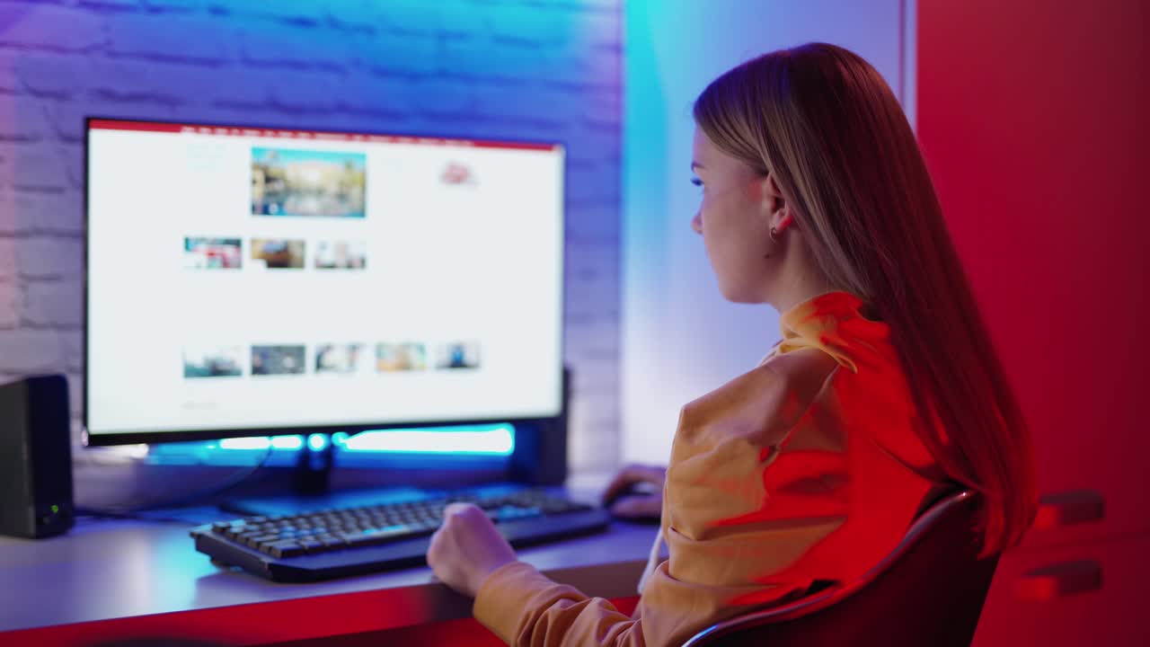 Ragazza che usa il computer in casa. Giovane donna seduta al tavolo, che usa il computer.