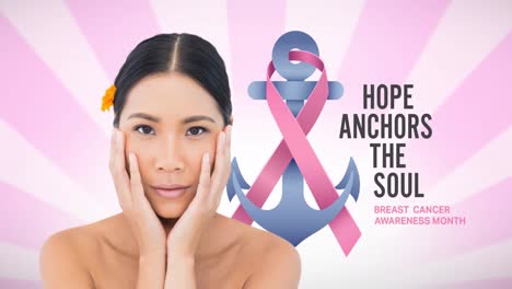 Animation-of-pink-ribbon-anchor-logo-with-breast-cancer-text-over-young-woman