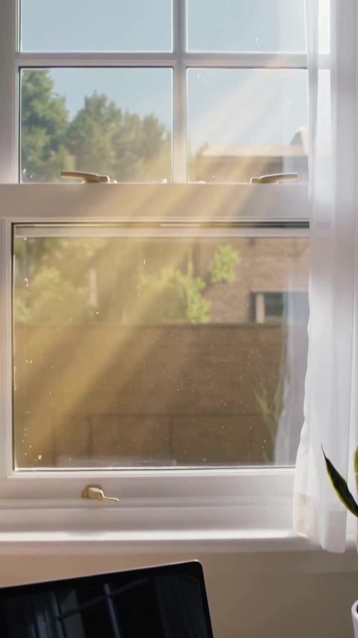 Vertical video: Rising camera revealing window at desk, capturing warm light, dust motes and laptop