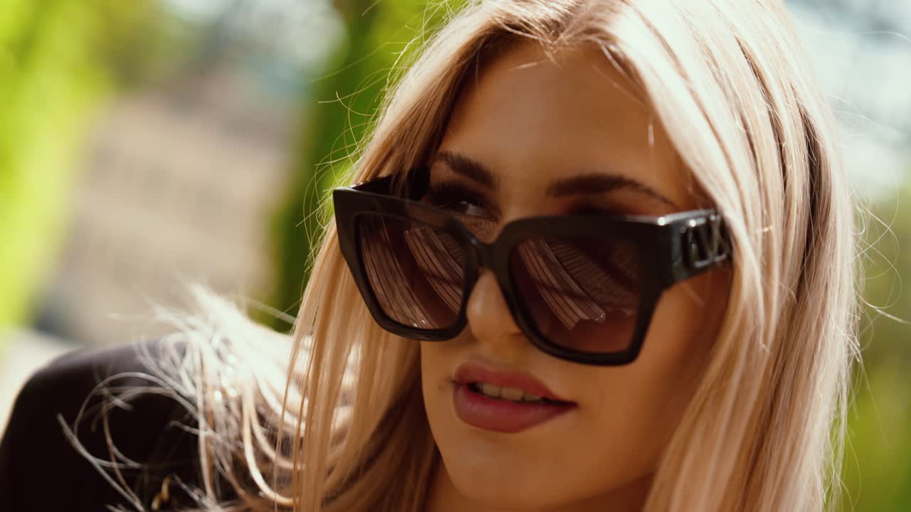 An attractive young woman pulls her sunglasses down slightly and observes something. Daylight in a park.