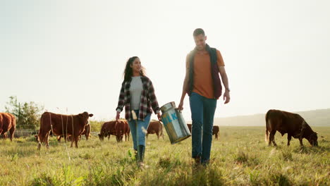 Farm,-cow-and-milk-with-couple-in-countryside