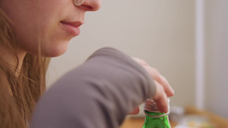 White woman leaning toward green bottle to smell and assess aroma, quality control vibe in kitchen setting, soft natural light, glasses and calm expression, thoughtful pause before opening, intimate