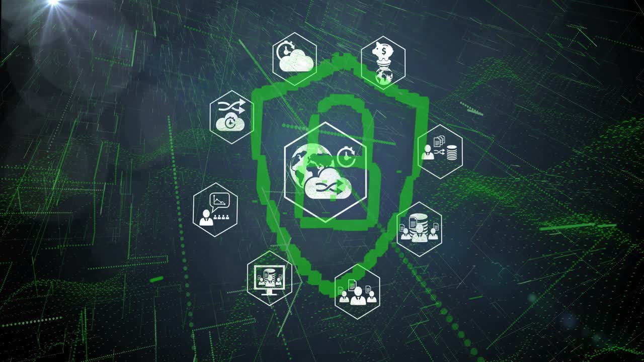 Animation of network of connections with icons over padlock icon on black background