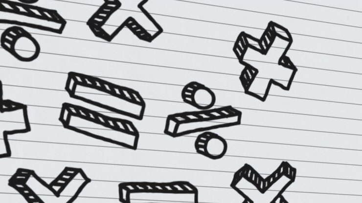 Animation of falling mathematical sings over white background