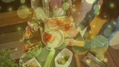 preparing vegetables in kitchen, colorful bokeh animation over cooking scene