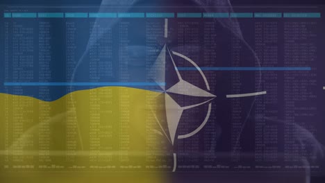 animación de un hacker caucásico sobre la bandera de la otan y ucrania