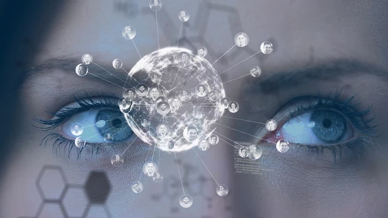 animación del globo y procesamiento de datos sobre los ojos de una mujer caucásica