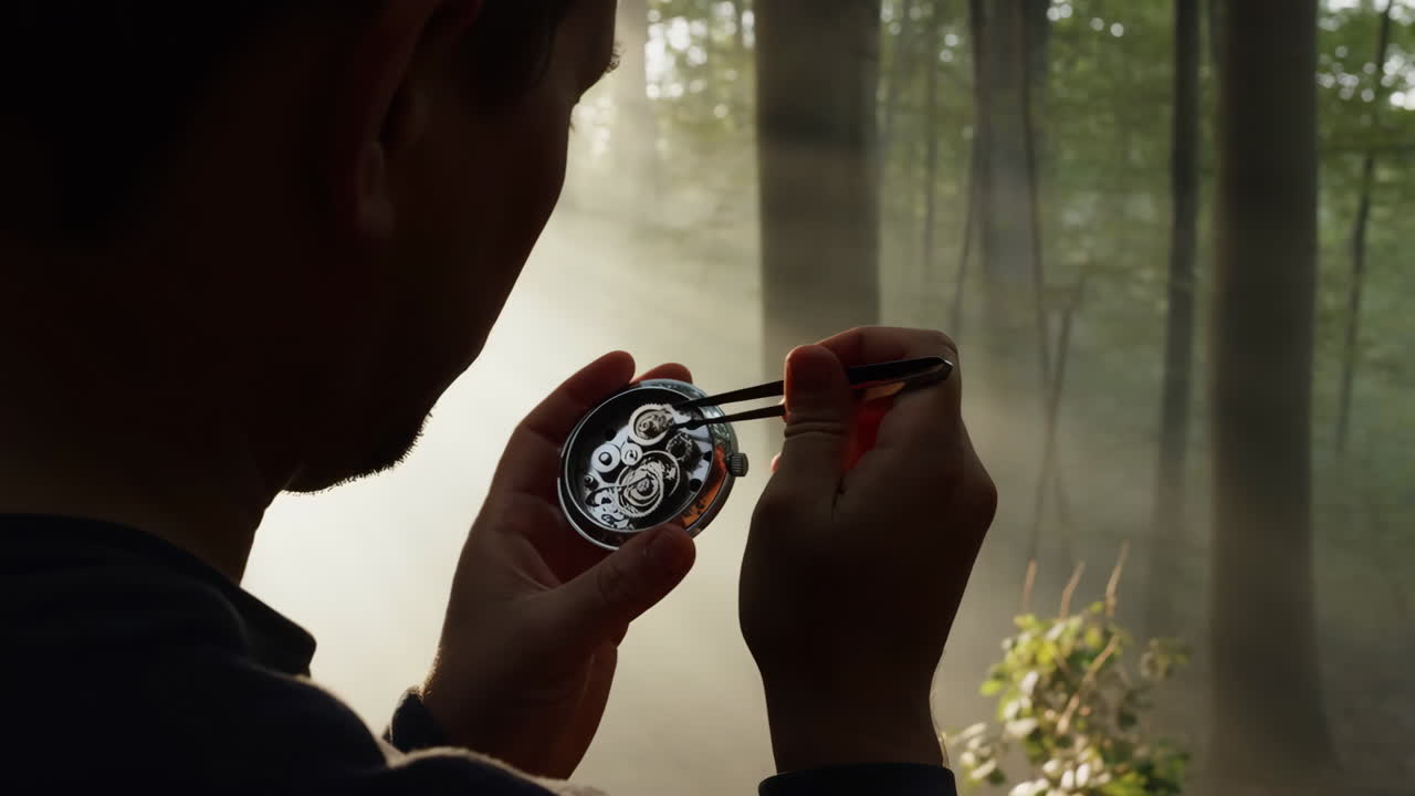 A person delicately working on a mechanical watch movement in a misty, sunlit forest