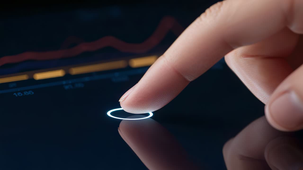 Hovering fingertip tapping lit ring on screen at desk to select data, orange-red graphs, copy space