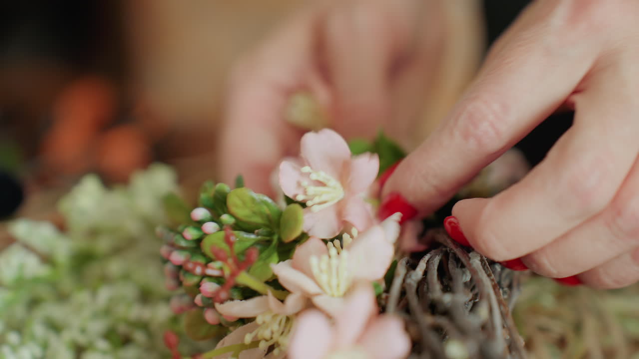 Closeup of florist hands arranging pink flowers and green leaves on rustic twig wreath, adding natural detail with creativity and precision, creating handmade seasonal decoration with artisan craftsmanship