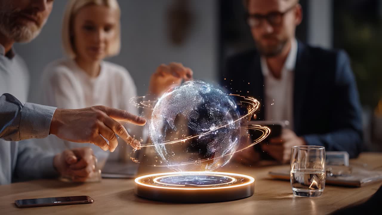 Collaborative Business Meeting with Advanced Holographic Technology Displaying Global Connectivity and Data Visualization for Strategic Planning and Innovation
