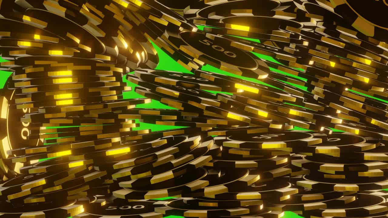 muchas fichas de póquer que caen en el fondo de chromakey. jackpot. fichas negras doradas.