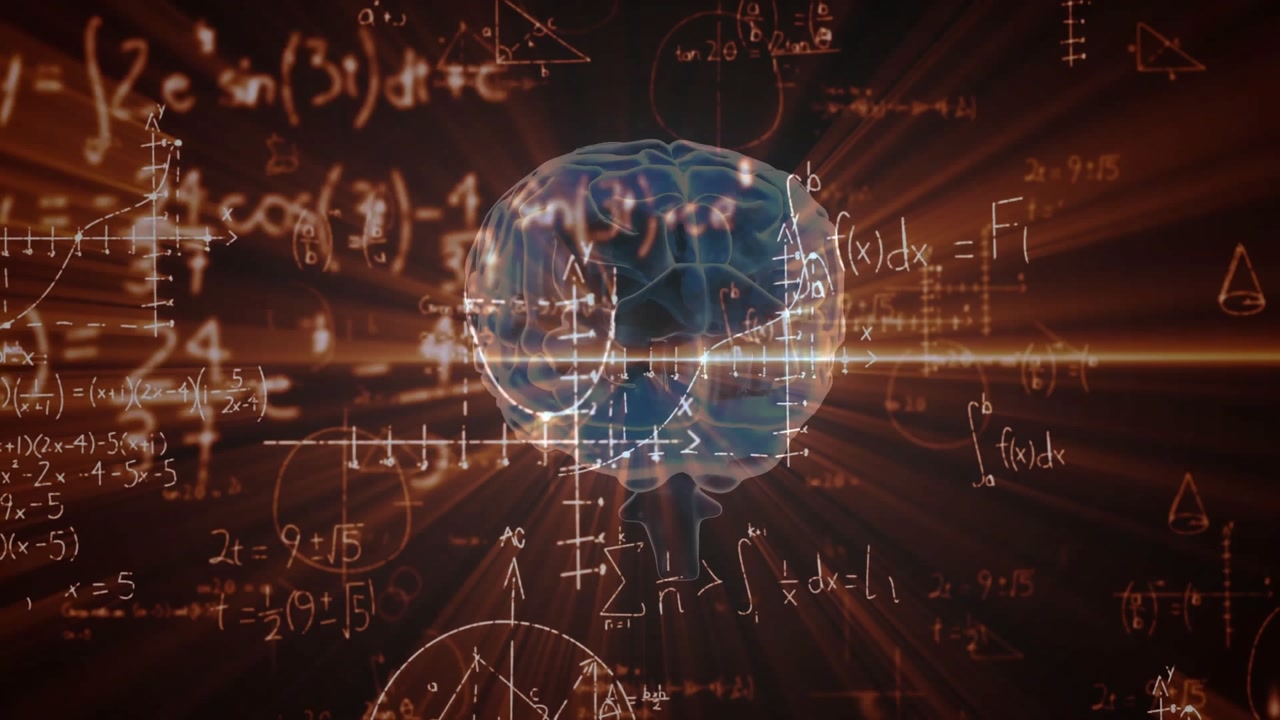 Dark opening with blue 3D brain rotating and formulas pulsing under orange rays visualizing math