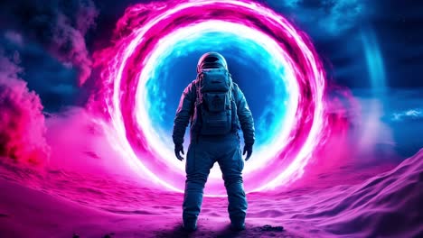 a man in a space suit standing in front of a pink and blue vortex