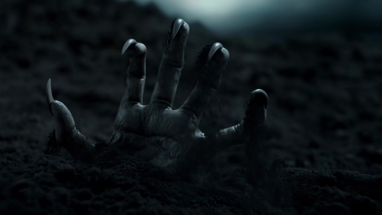 Eerie Monster Hand with Long Claws Emerging from Dark Ground