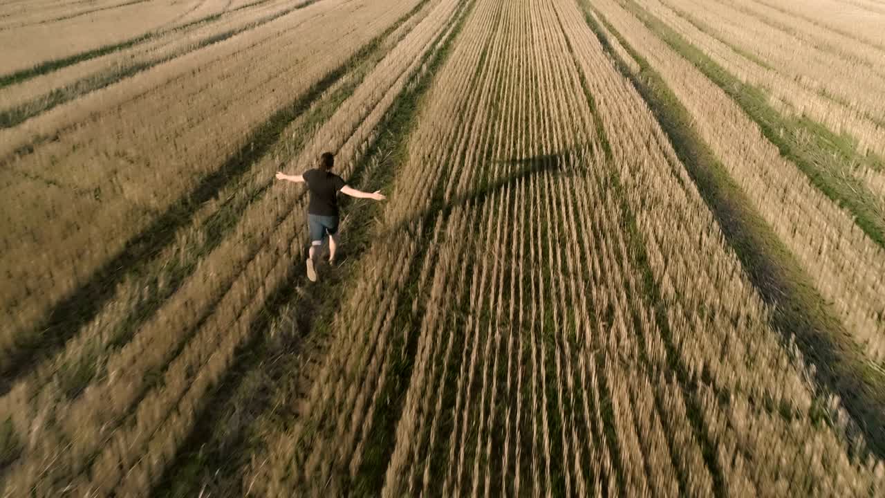 joven feliz exitoso corriendo por el campo, brazos extendidos. vista panorámica aérea. vista trasera.