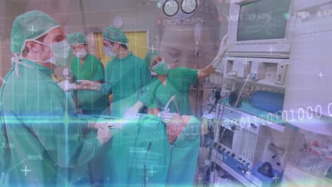 Animation-of-data-processing-over-team-of-surgeons-performing-operation-at-hospital