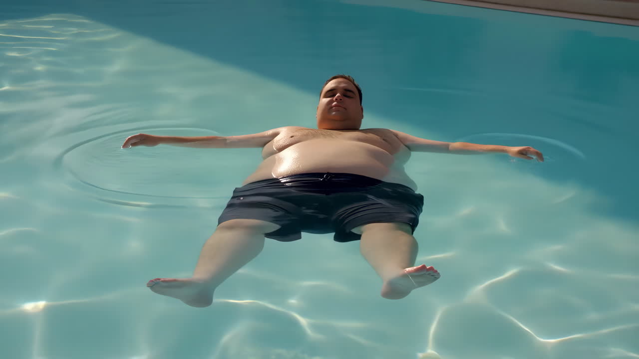 Overweight man peacefully floating on his back in a swimming pool
