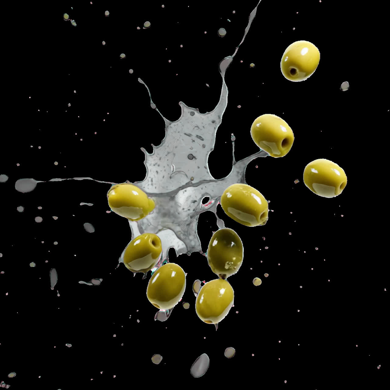 Sovrapposizione animata di olive che si tuffano nell'acqua, video 4K trasparente, canale alfa, ProRes 4444
