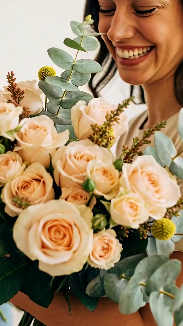 Video verticale: Donna che tiene in braccio un bouquet, girandosi e ammirando i fiori a casa, con rose color pesca.