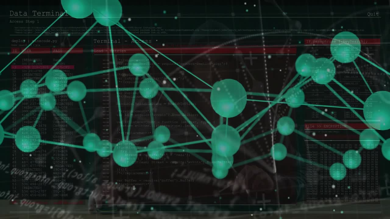 Gráfico de rede azul-petróleo surgindo, girando e enfatizando clusters, destacando código vermelho na interface de usuário de tecnologia.