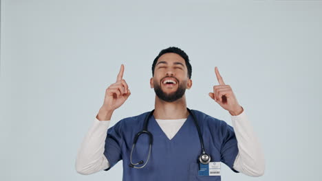 medical nurse, man and face with pointing up