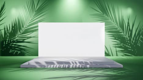 white blank screen product display with palm tree gentle breeze on green background e-commerce online shop sell discount