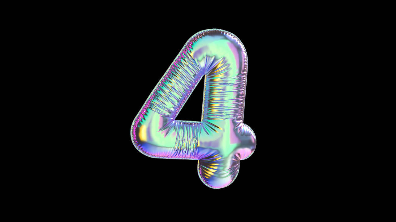 Iridescent Holographic Number Four Rotating on Black Background