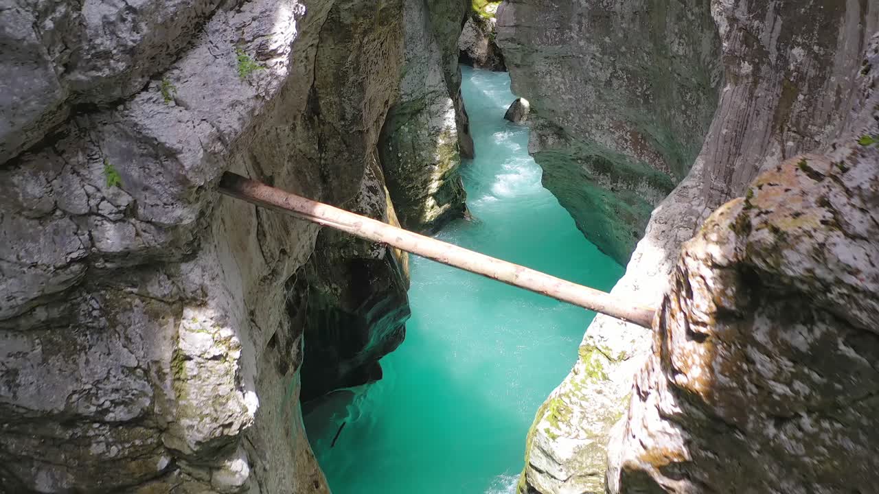 This pristine Great Soca Gorge, Triglav National Park. Aerial forward