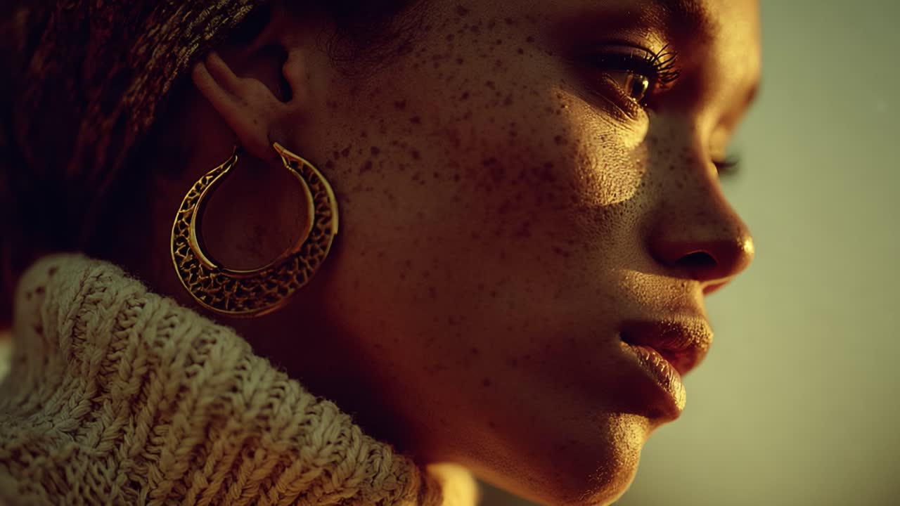 A Close-Up Portrait of a Beautiful Individual with Freckles and Distinctive Earrings, Captured in Warm Light, Showcasing Natural Beauty and Unique Features