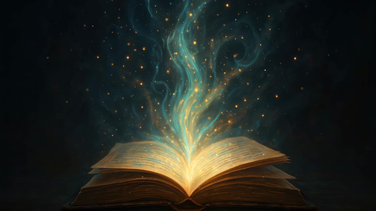 A magical book emits glowing blue energy, captured from a low angle