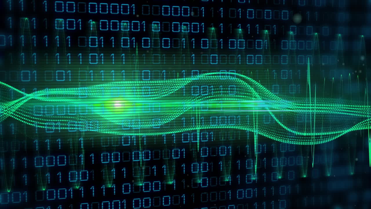 Animation of data processing over light trails and spots on black background