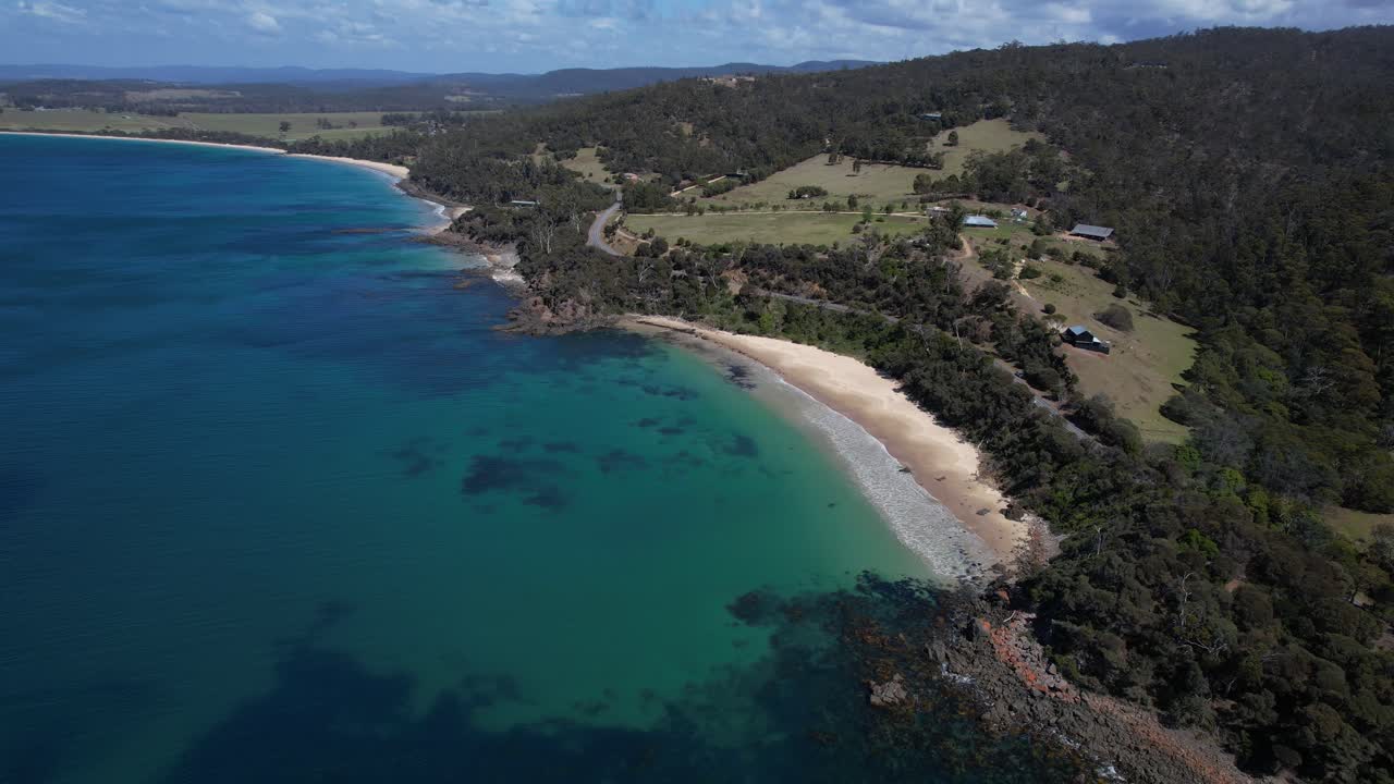 Panoramic View Of Mayfield Beach And Bay In Tasmania, Australia - Drone Shot