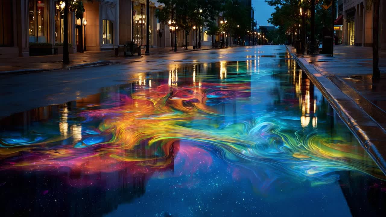 A mesmerizing view of a colorful, abstract reflection in a puddle on an empty street, showcasing vibrant swirls of blues, greens, yellows, oranges, and pinks that illuminate the scene