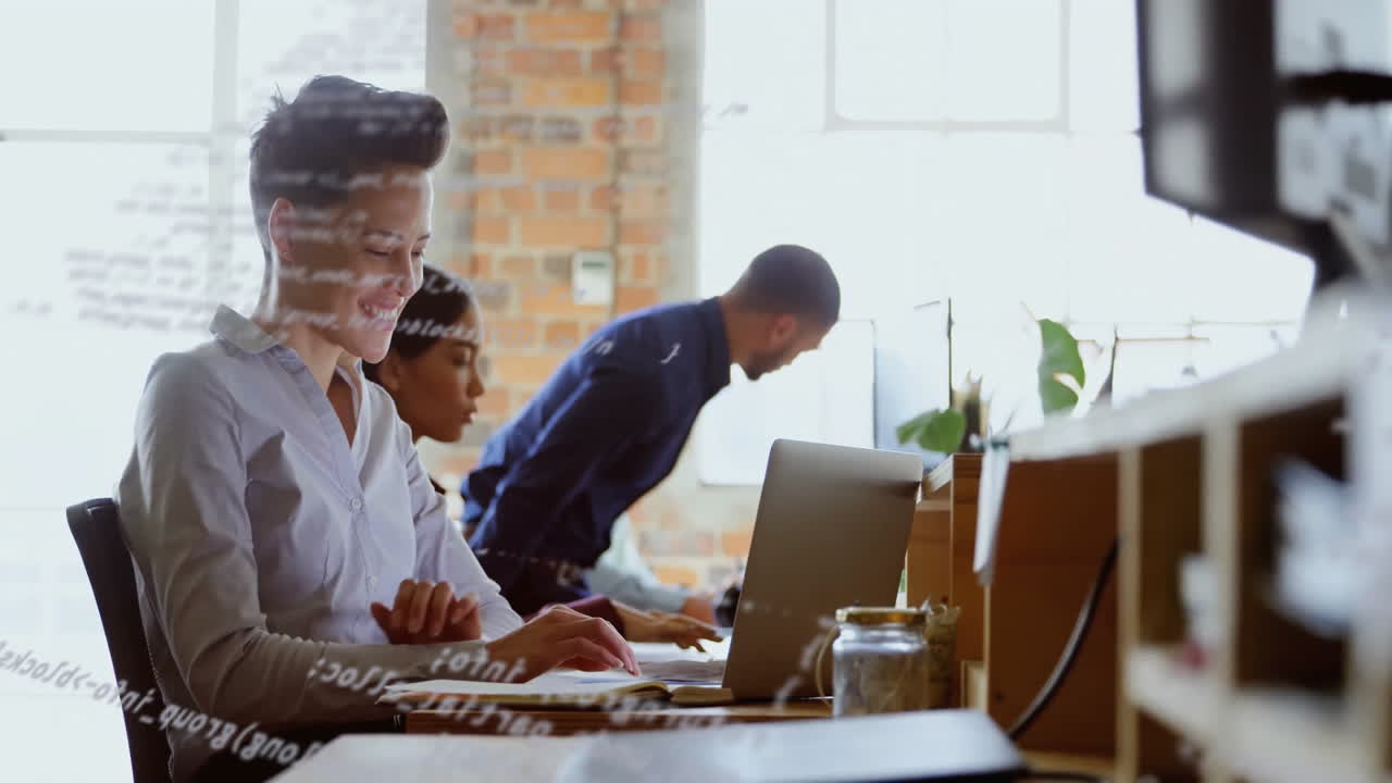 Animation of data processing over diverse colleagues working in office