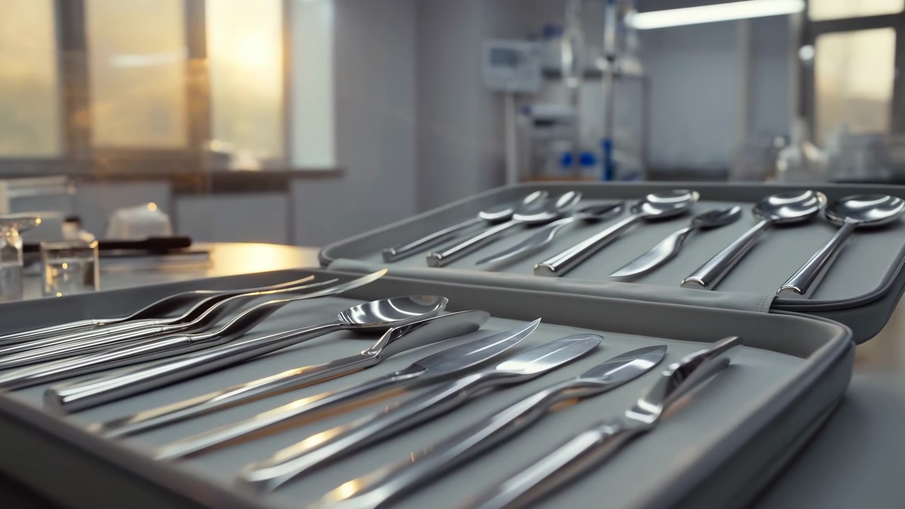 Bandejas acolchoadas abertas contêm instrumentos cirúrgicos de aço inoxidável em bancada clínica limpa dentro de uma sala de tratamento moderna, com luz quente da janela, sombras suaves, disposição organizada e metal reflexivo.